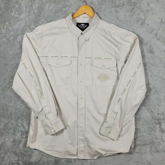Harley-Davidson Other - Harley-Davidson Button Up Shirt Mens XL Beige Logo Tape Snap Collar 99081-12VM